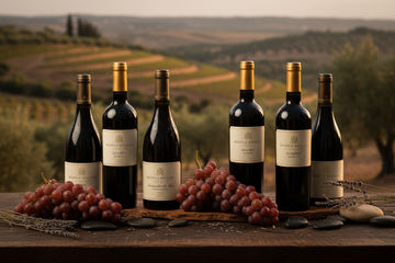 Región Vinícola de La Rioja Argentina con botellas de vino y uvas tradicionales