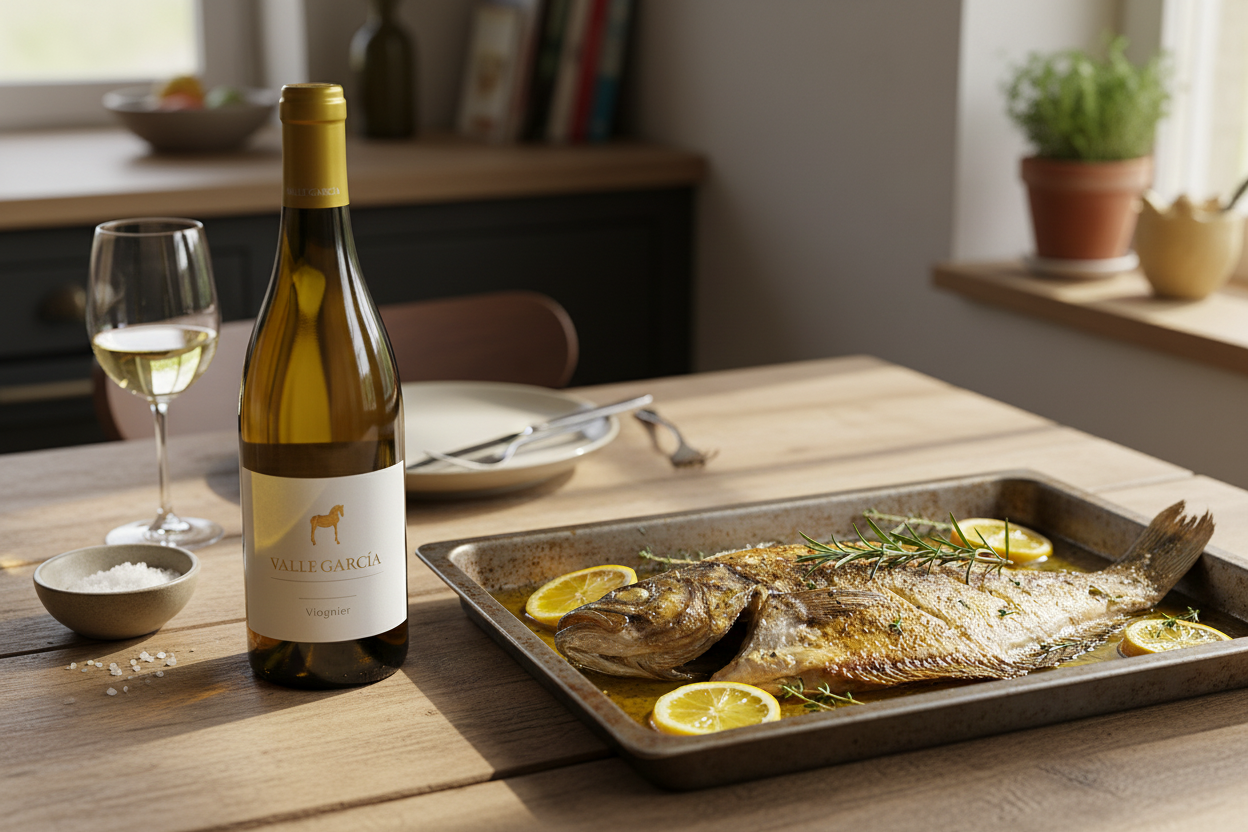 Rodaballo / bacalao con Vallegarcía Viognier 2023