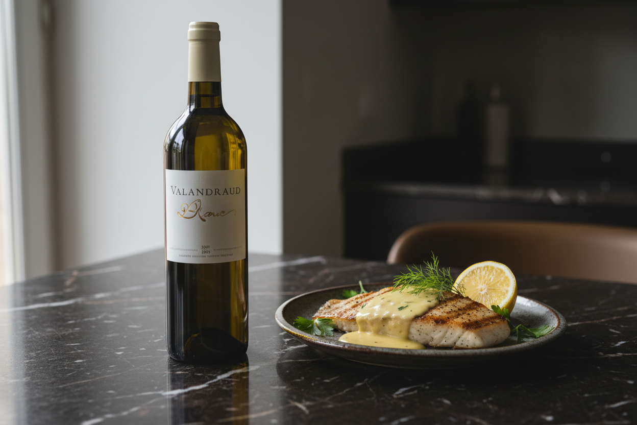 Rodaballo con salsa holandesa — Valandraud Blanc 2019