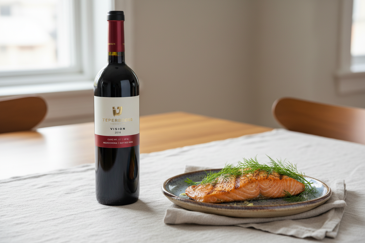 Salmón a la parrilla — Teperberg Vision Merlot