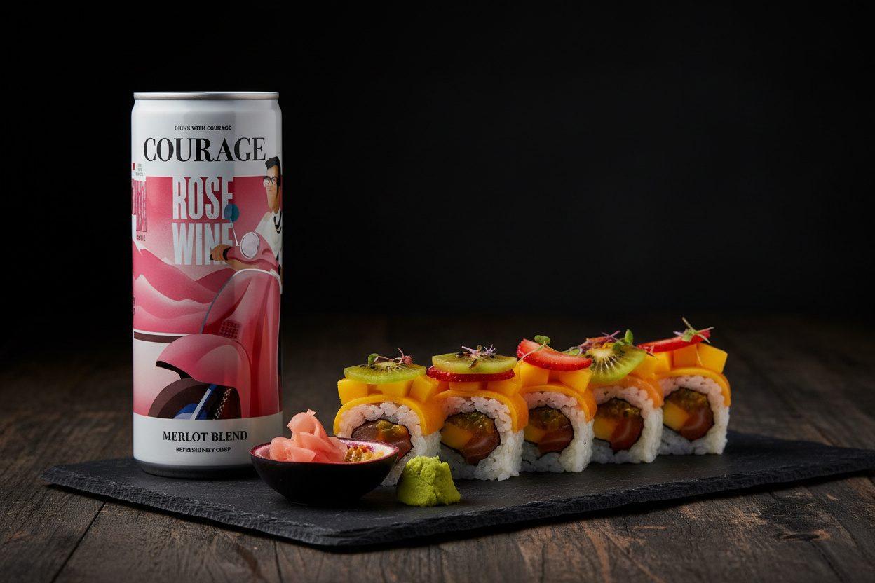 Sushi frutal con Rosado Merlot Courage