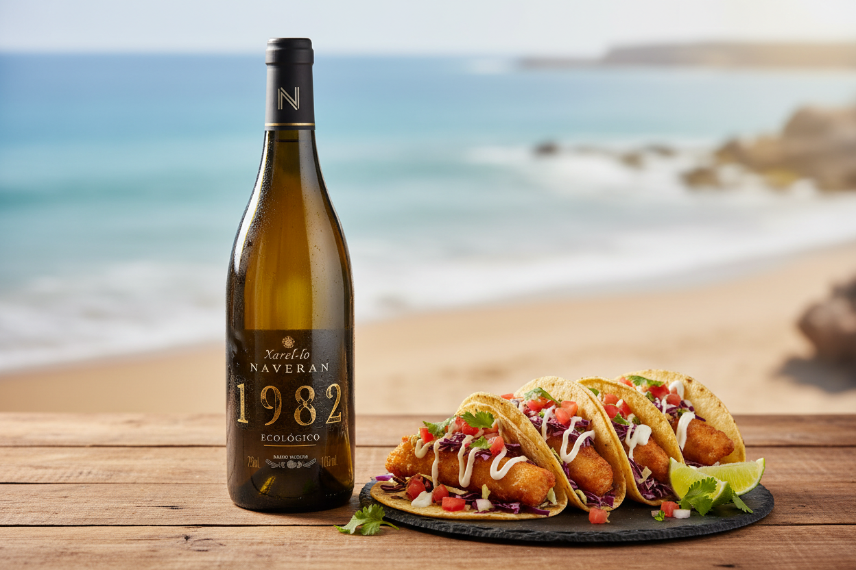 Tacos de pescado Ensenada con Xarel-lo Naveran