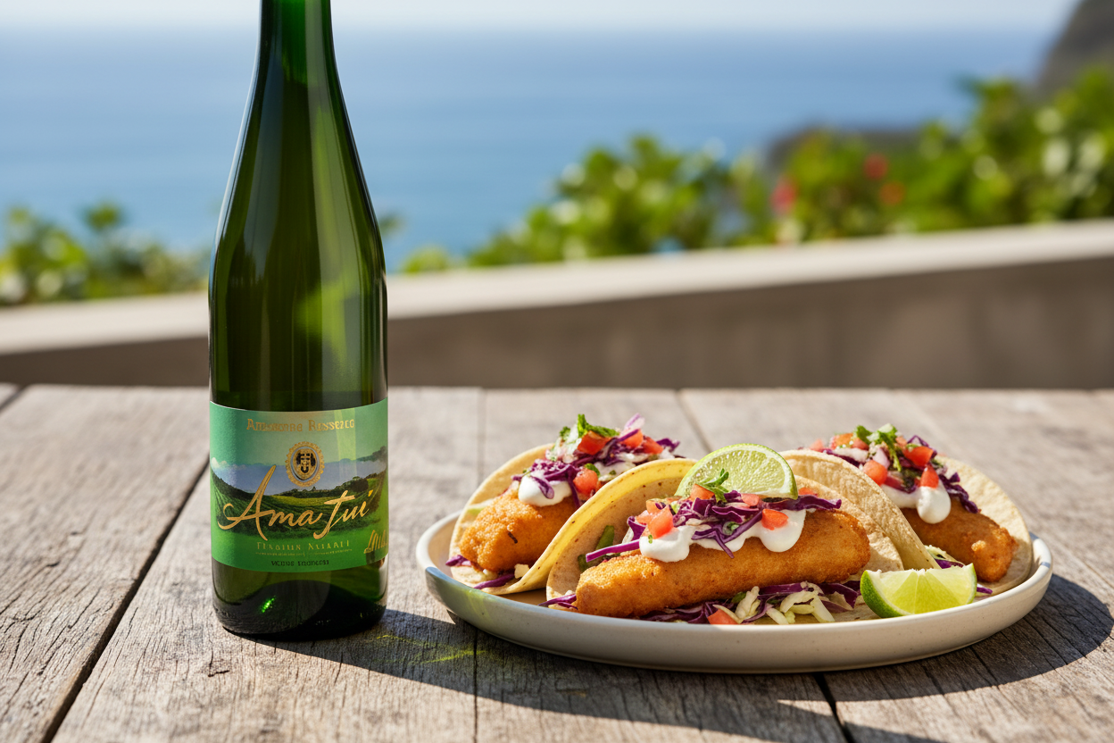 Tacos de pescado estilo Ensenada con Txakoli