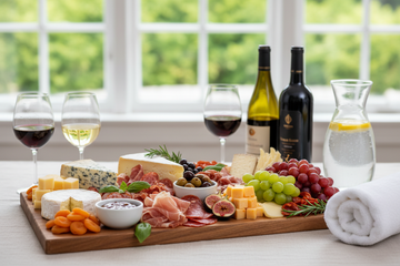 Tapas con quesos, carnes frías y vinos