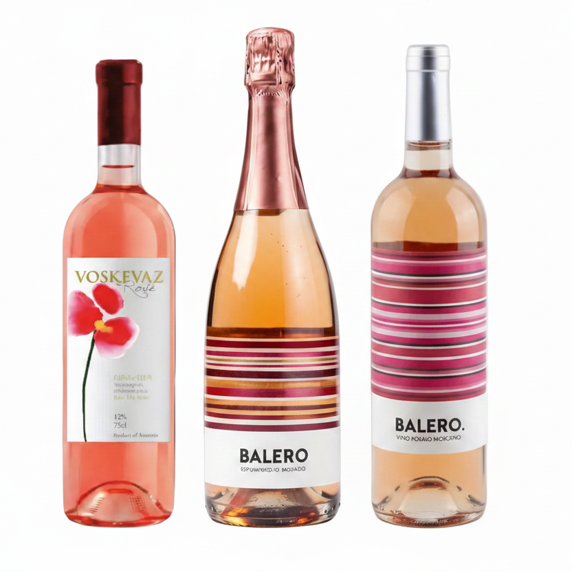 Tres botellas rosados fondo blanco