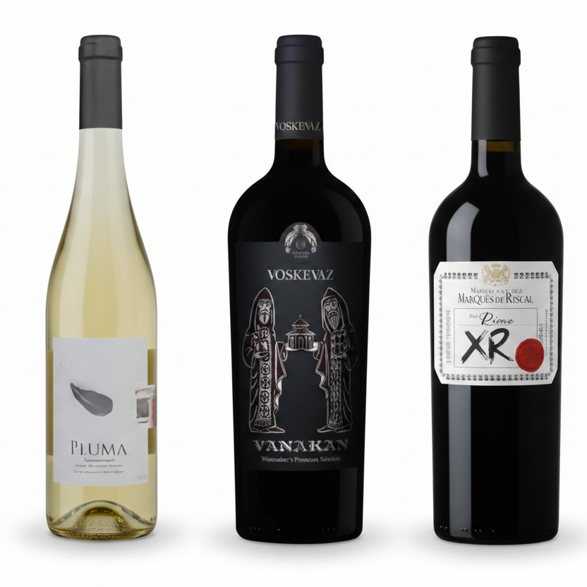 Tres vinos con fondo blanco