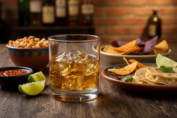 Un vaso con whiskey a las rocas y algo de botanas