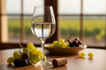 Un vaso de orujo con algunas uvas y corcho