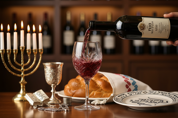 Un vino Kosher siendo servido en una copa con elementos judíos