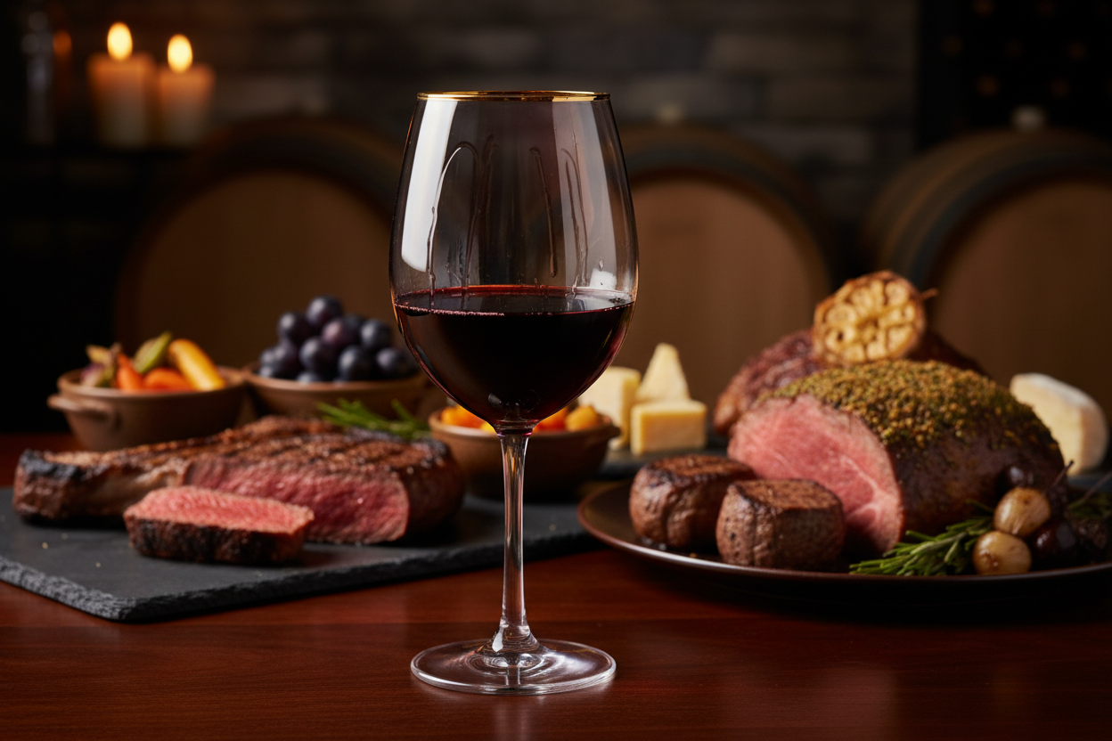 Una copa con vino de color granate profundo y "piernas" (lágrimas) densas bajando por el cristal. sobre una mesa con maridajes acorde al vino (carnes rojas)slider_item_Cqk84W