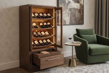 Una imagen de una pequeña cava con vinos en una casa, la cava debe ser un mueble pequeño pero bonito