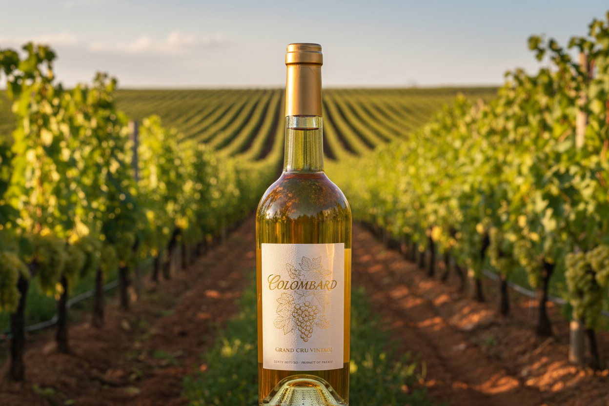 Uva colombard en botella de vino con viñedo de fondo.slider_item_HiMBLA