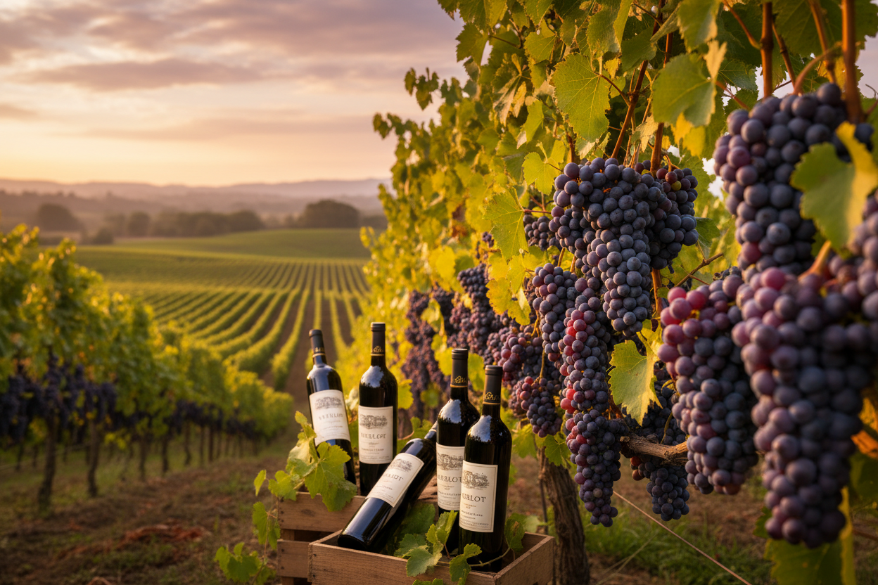 Uva Merlot con vinos de ese tipo en un viñedo