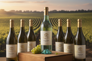 Uva Pinot Gris con vinos que en la botella tenga la misma etiqueta. Viñedo de fondo