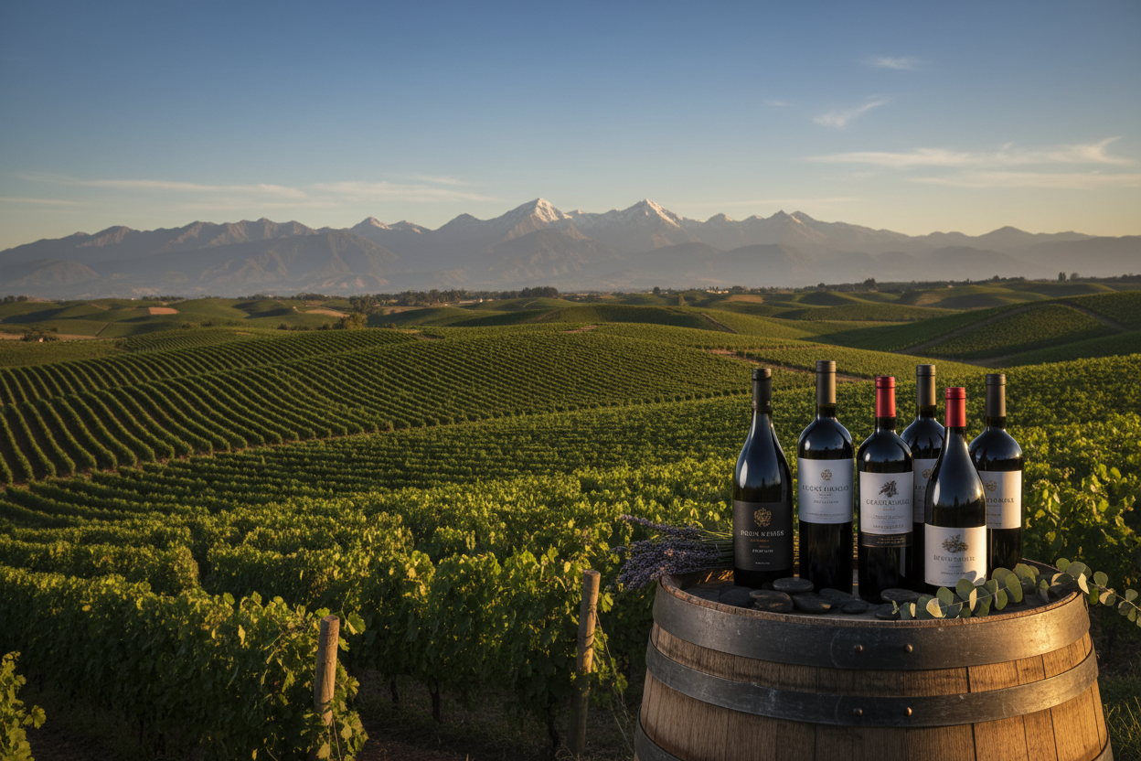 Valle del Maule en Chile con viñedo y botellas de vinoslider_item_HiMBLA