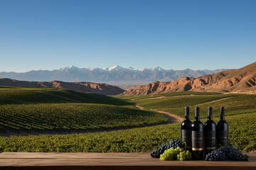 Valles del Norte de Chile Viñedos en el valle con botellas y uvas