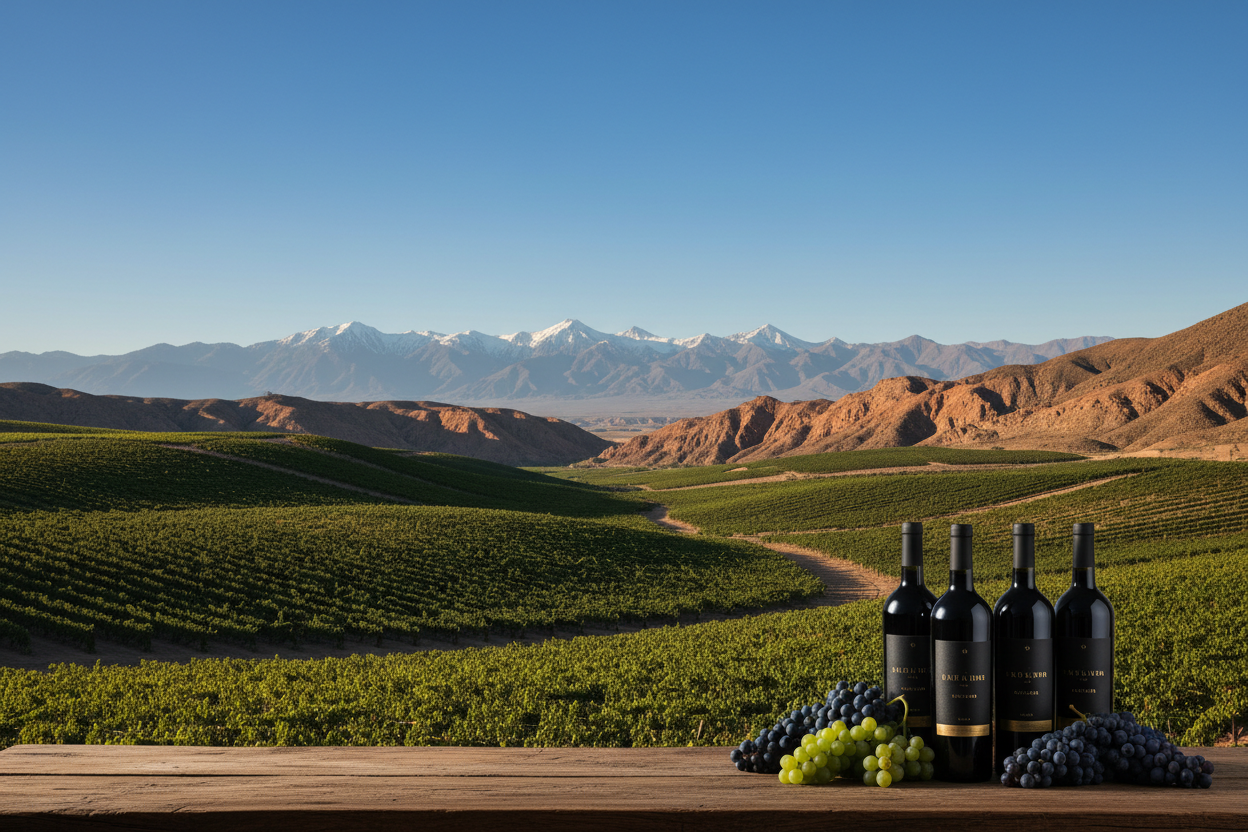 Valles del Norte de Chile Viñedos en el valle con botellas y uvasslider_item_HiMBLA