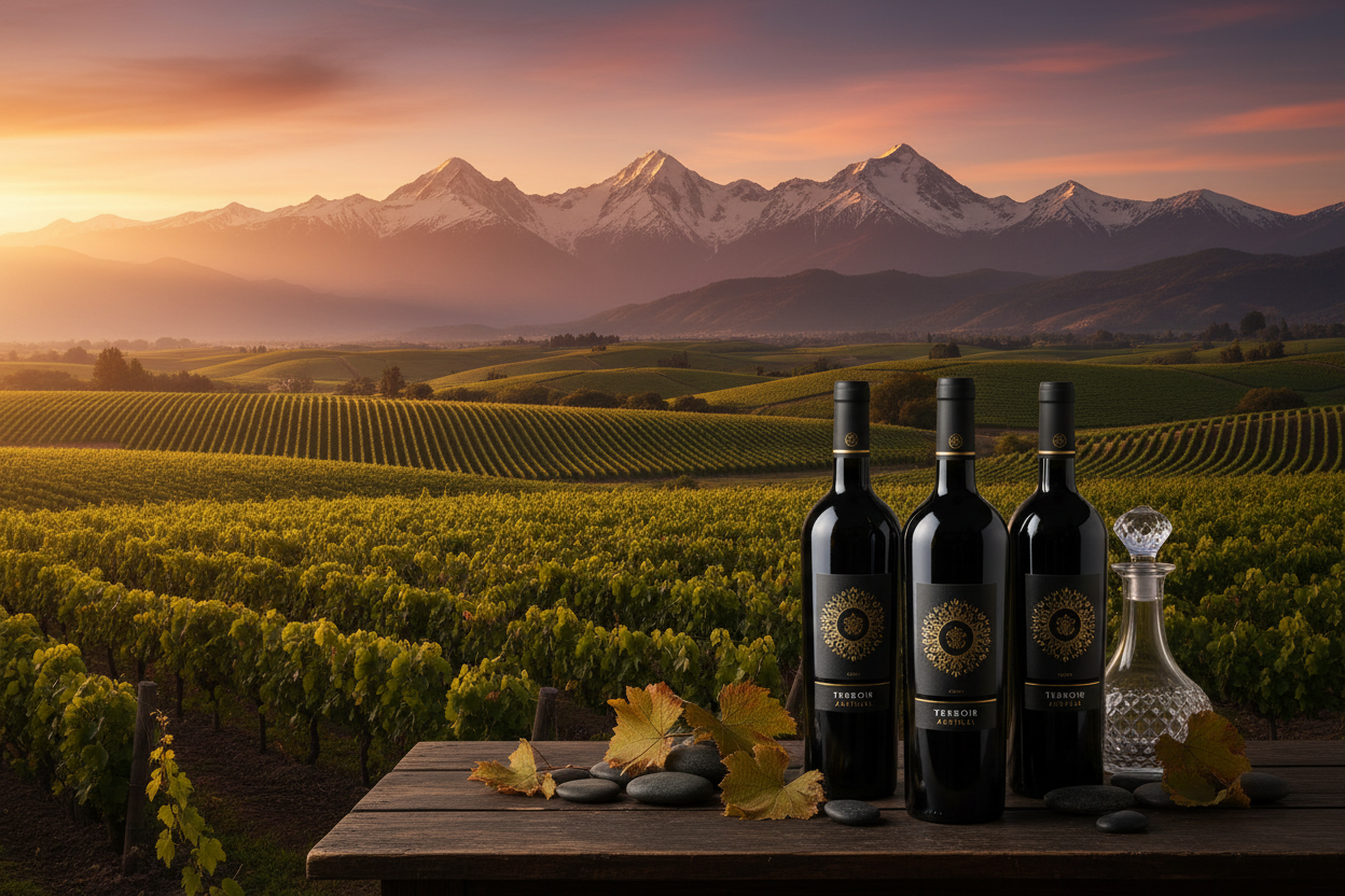 Valles del Sur de chile con viñedos y botellas de vino slider_item_HiMBLA