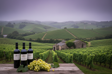 Viñedo en Galicia España con botellas de vino y uvas de la región