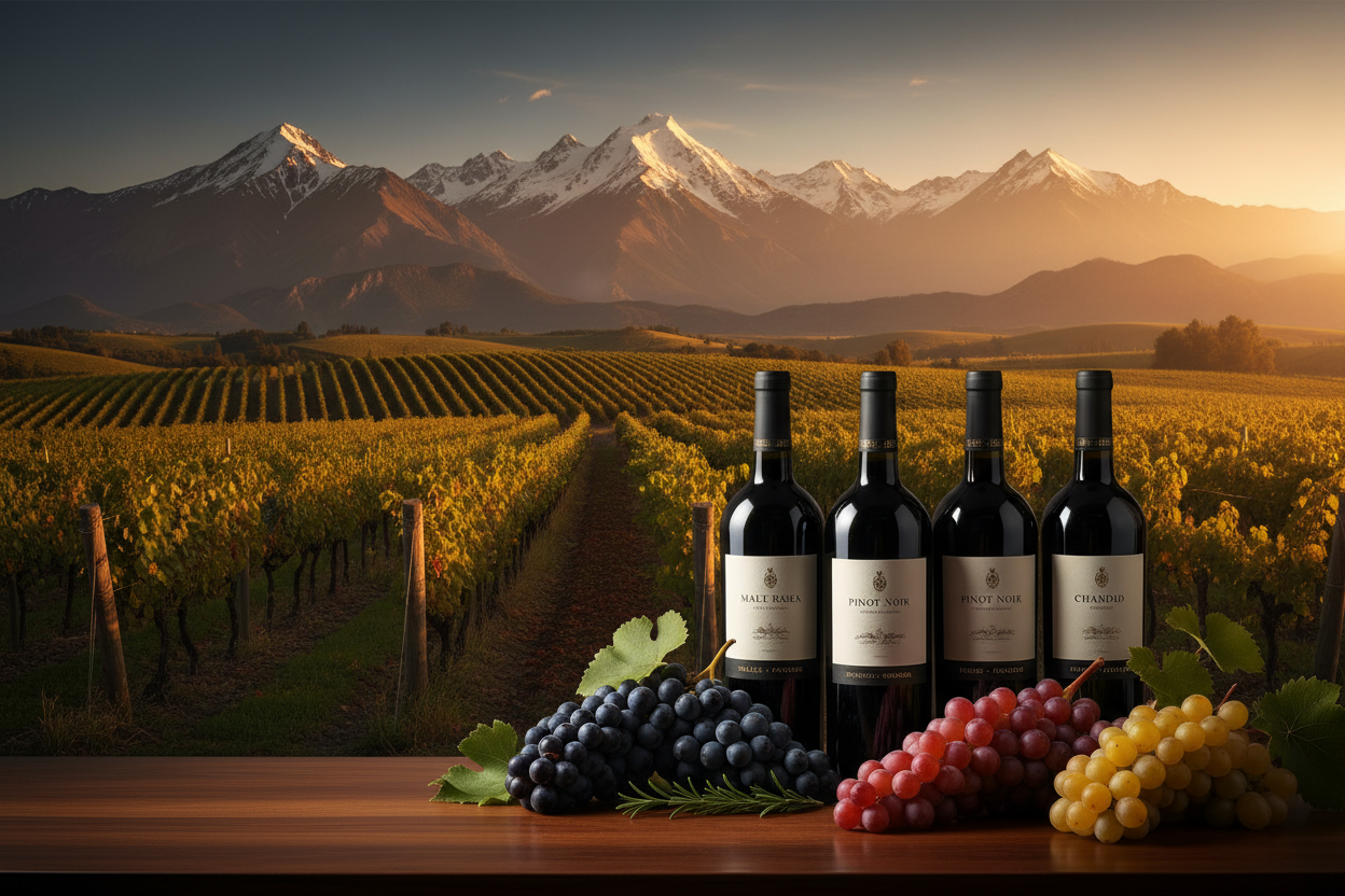 Viñedo en patagonia argentina con botellas de vino y uvas típicas de la regiónslider_item_KEyFBc