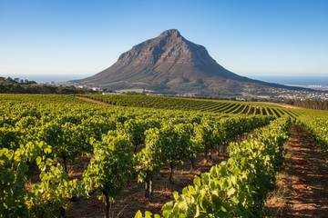 Viñedo en sudáfrica con montaña lions head de fondo)