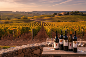 Viñedo y botellas de vino de Catalunya 