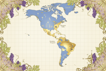 Viñedos del continente americano ubicados en un mapa 