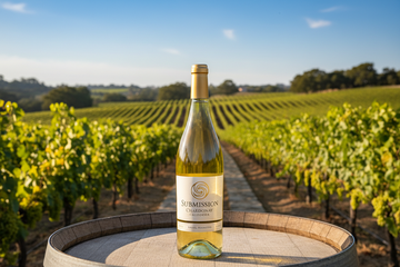 Vino Blanco Submission Chardonnay con viñedo de fondo