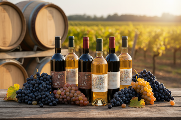 Vinos de Valle del Ródano con botellas y uvas pero sin texto en la imagen 